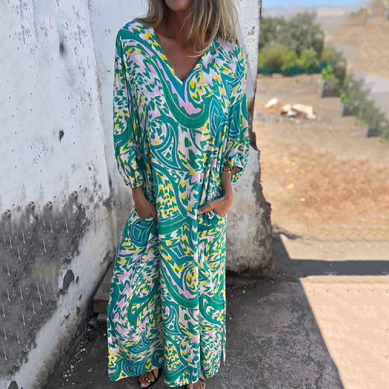 EVANGELIA™ | Elegante Vestido Largo Con Cuello En V Y Bolsillos