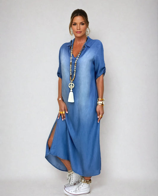 LULU™ | Vestido largo con apertura lateral y aspecto vaquero